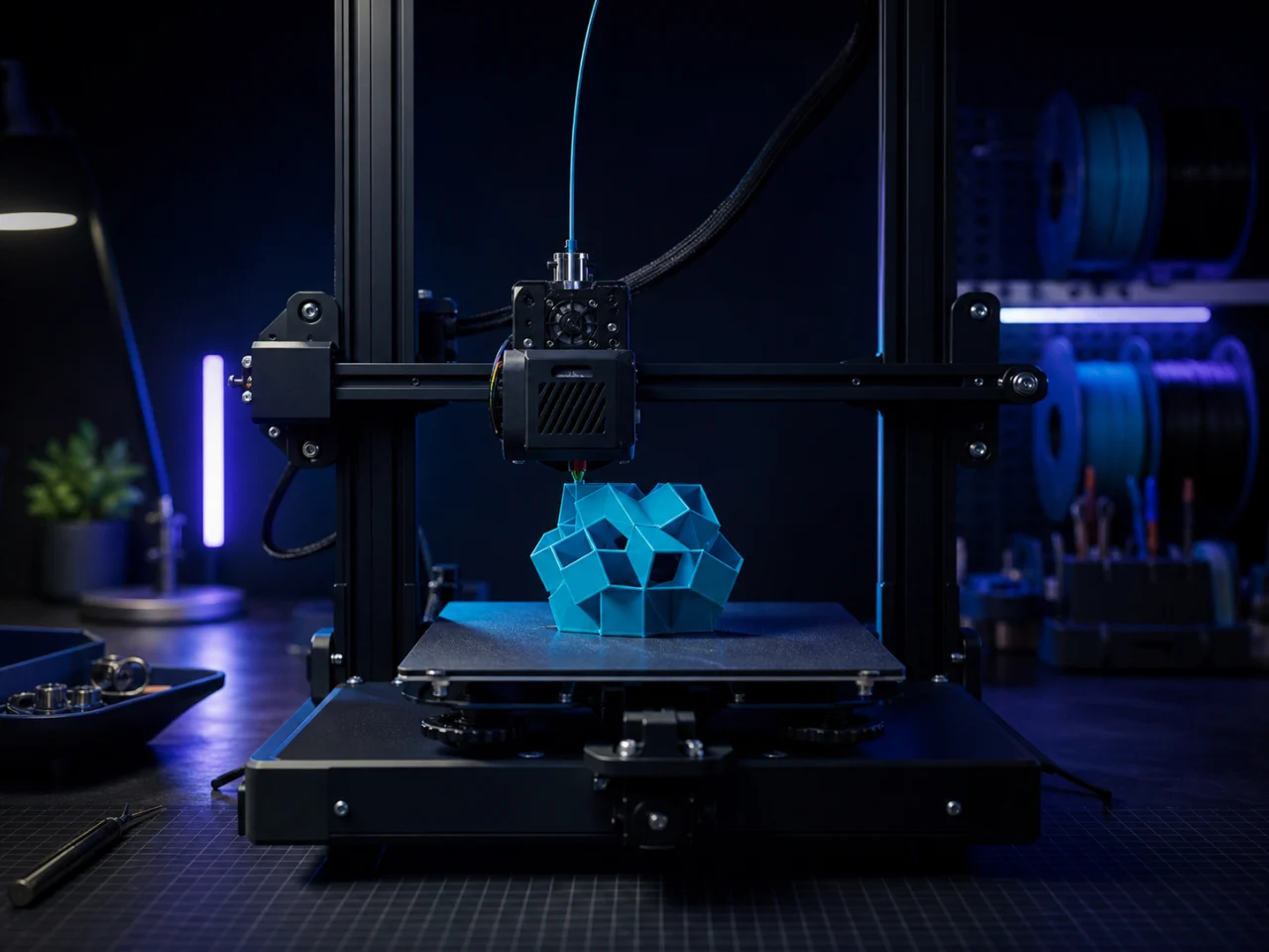 Desktop 3D printer creating a cyan geometric sculpture in a dark maker studio