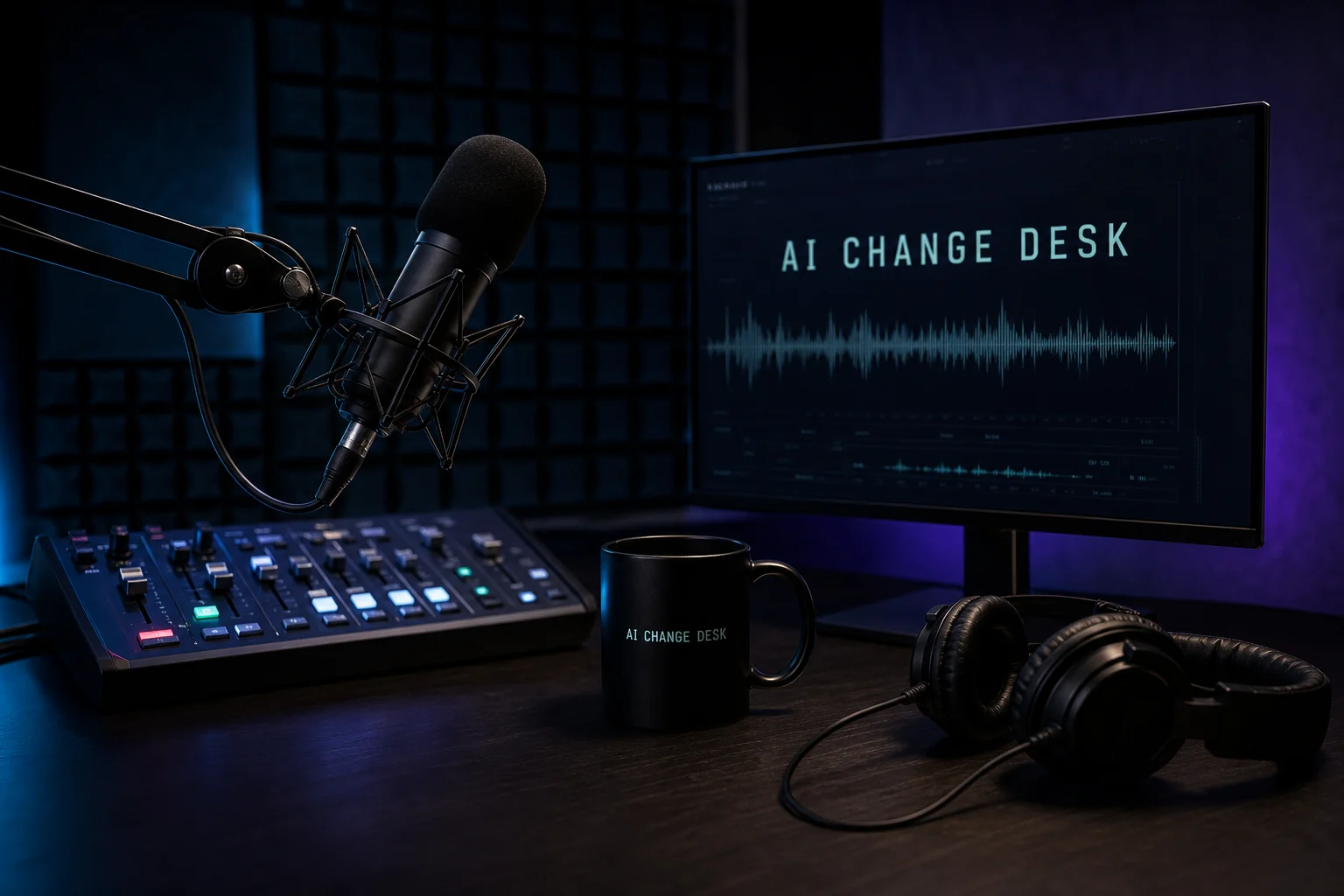 AI Change Desk studio with microphone, mixing console, and signal monitor