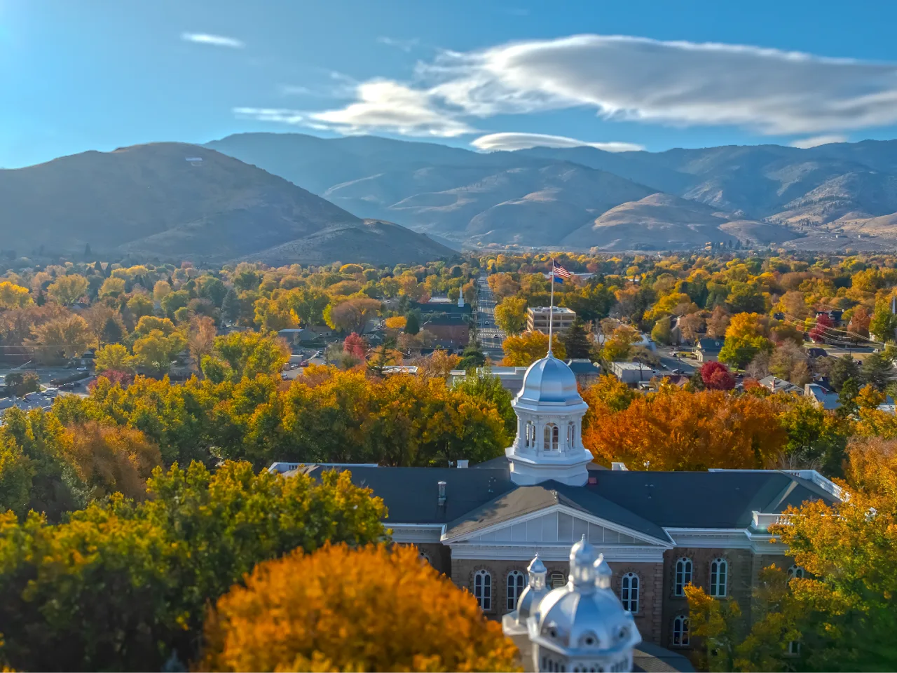 Drone view of the Nevada State Capitol and Carson City in autumn