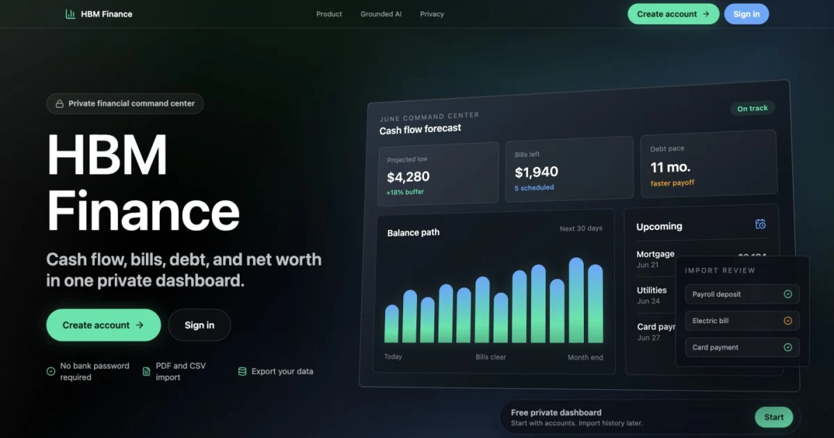 HBM Finance dashboard preview showing cash flow, upcoming bills, and debt pace