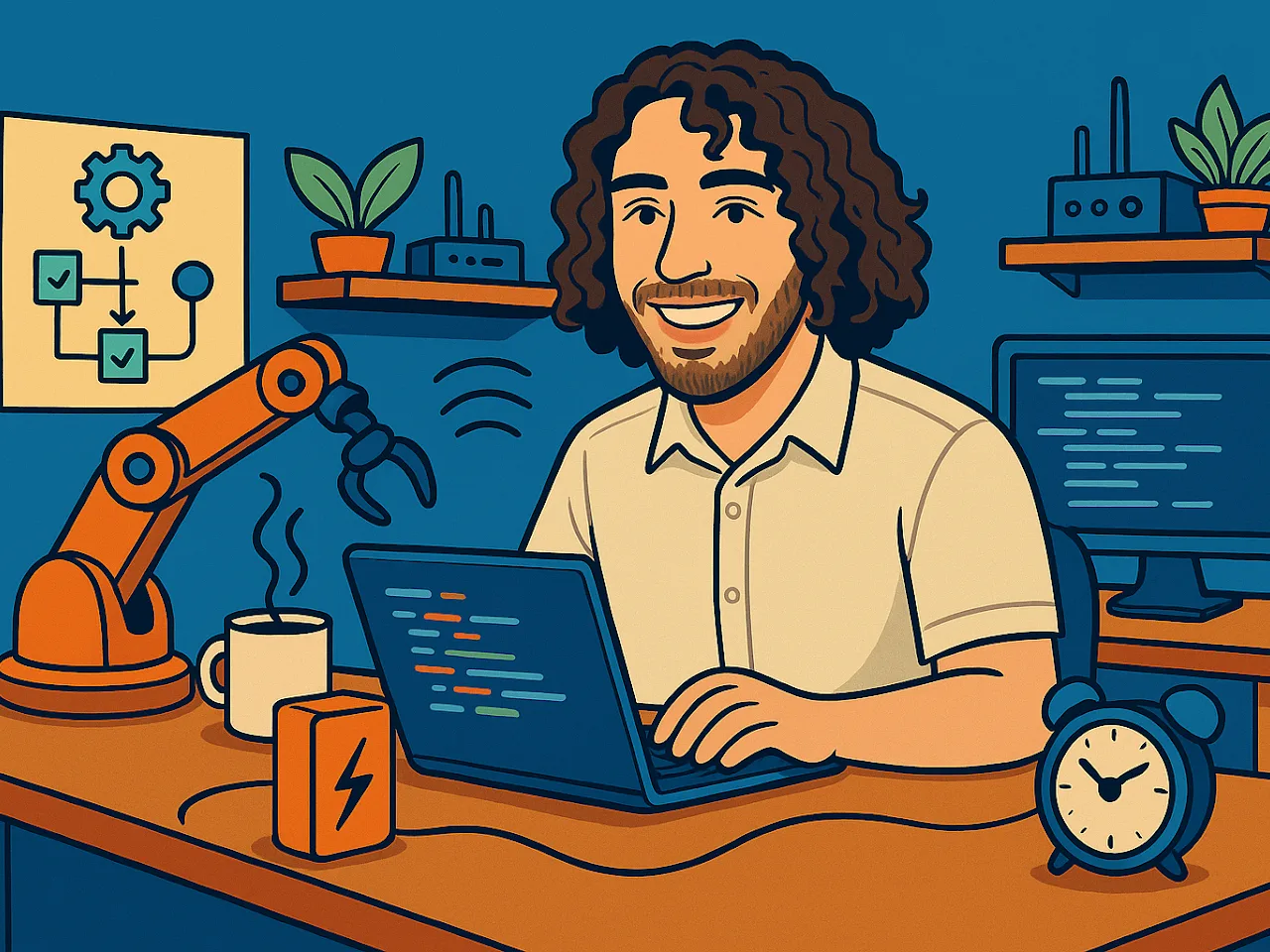 Illustration of Michael programming an automation workflow across connected business systems